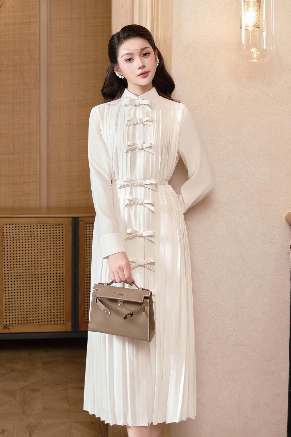 linen nude dress Women's Akina Pleated Cuff Sleeved Linen Cotton Midi Dress S/M/L/Customize Nude MEAN BLVD Nude / Customize