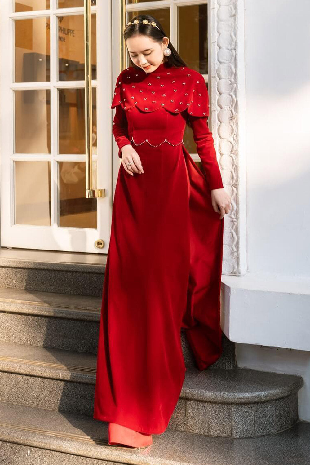 Alaia Fitted Cape Shoulder Velvet Long Length Ao Dai Set