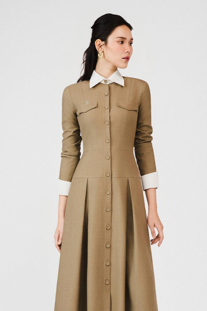 Alaina Drop Waist Draped Khaki Midi Dress - MEAN BLVD