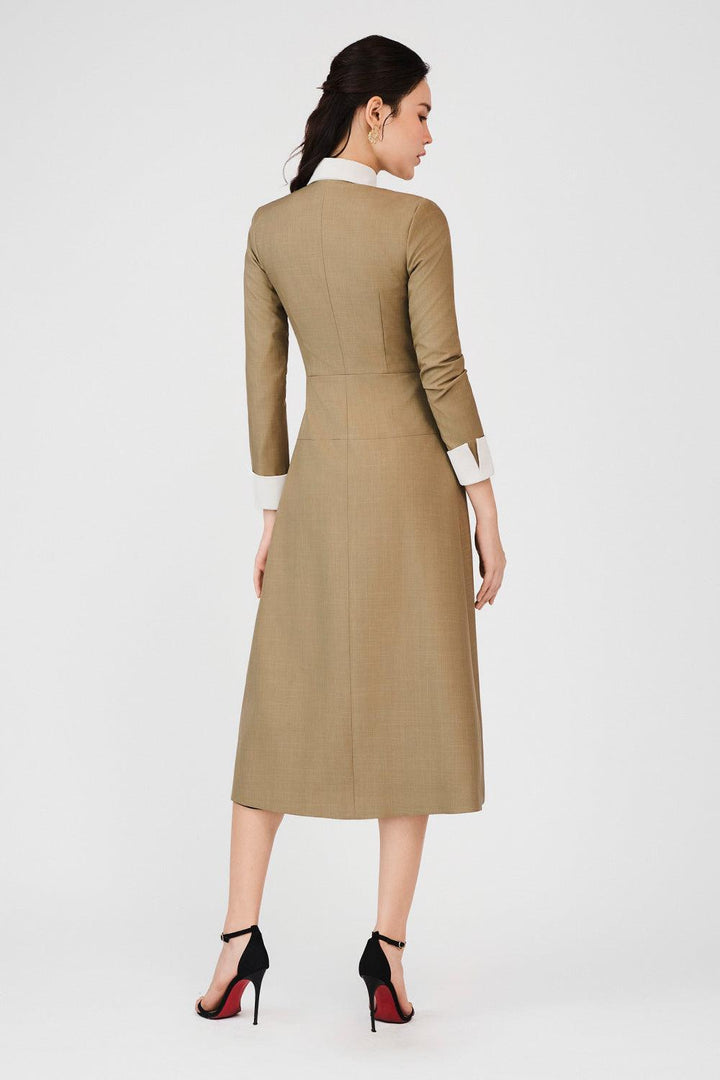 Alaina Drop Waist Draped Khaki Midi Dress - MEAN BLVD