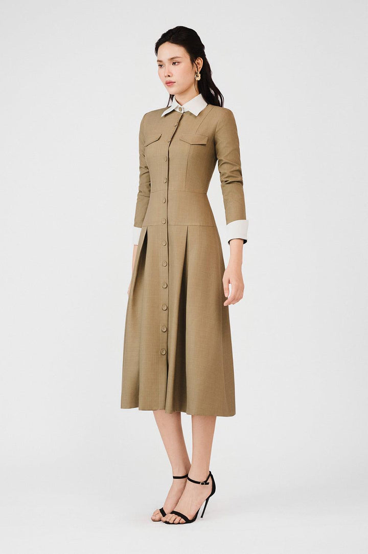 Alaina Drop Waist Draped Khaki Midi Dress - MEAN BLVD