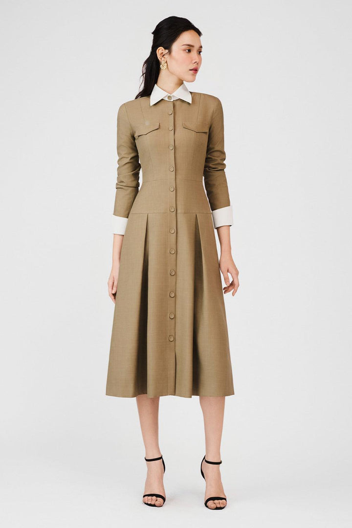 Alaina Drop Waist Draped Khaki Midi Dress - MEAN BLVD