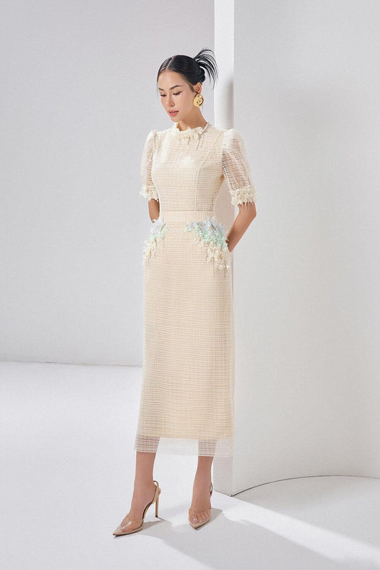 Alaina Straight Short Sleeved Mesh Lace Midi Dress - MEAN BLVD