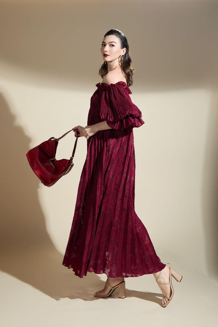 Alaya Gathered Pleated Brocade Maxi Dress - MEAN BLVD