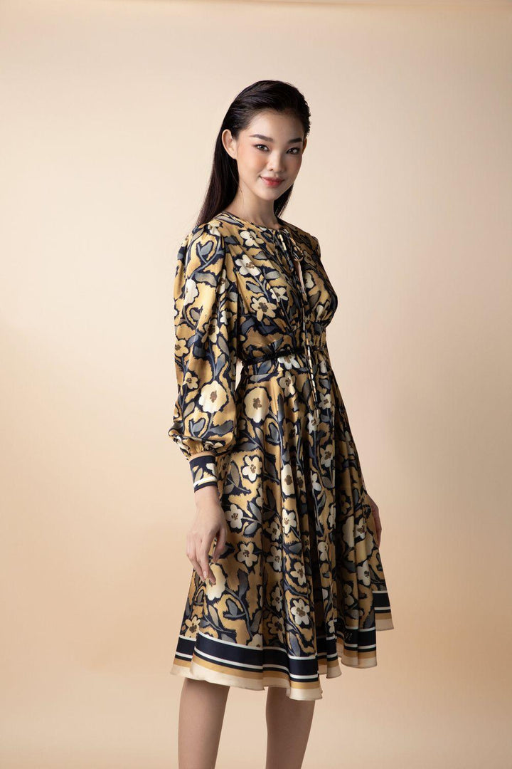 Alethea A-line Draped Latin Silk Midi Dress - MEAN BLVD