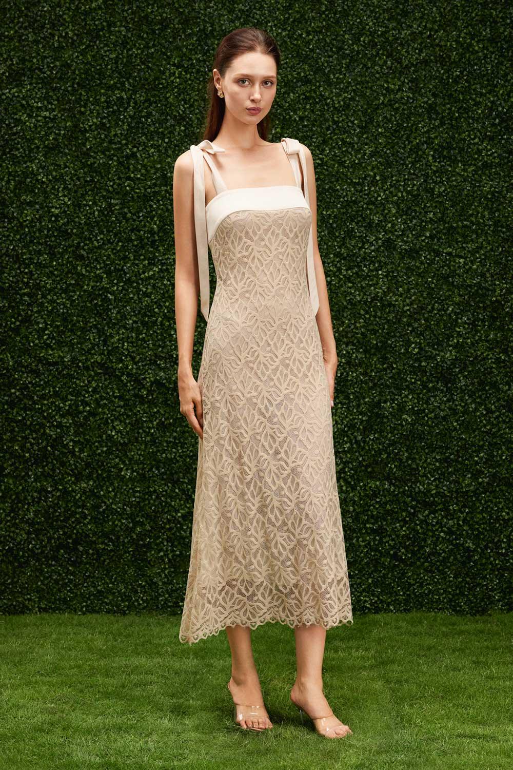 Women's Alexis Sheath Ribbon Lace Midi Dress XS/S/M/L/Customize Beige MEAN BLVD, Beige / XS