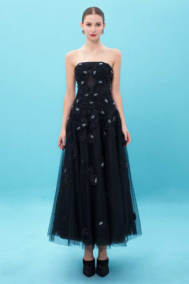 Alianna Strapless Embroidered Mesh Sheer Maxi Dress - MEAN BLVD