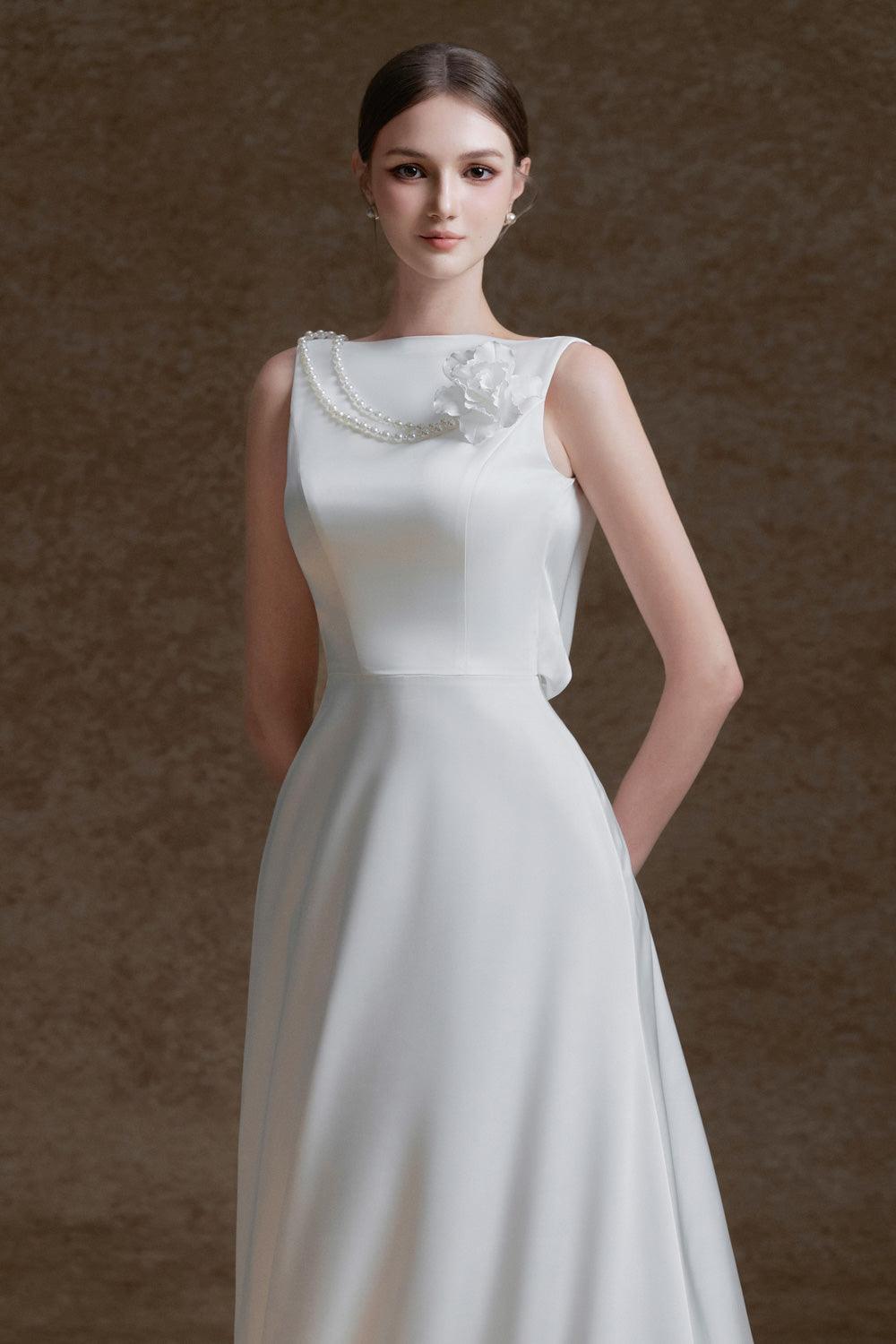 Women's Alida A-line Boat Neck Twill Silk Ankle Length Dress S/M/L White MEAN BLVD White / L Women's Alida A-line Boat Neck Twill Silk Ankle Length Dress S/M/L White MEAN BLVD White / L
