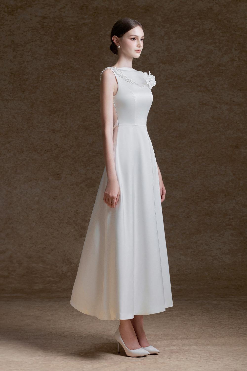 Women's Alida A-line Boat Neck Twill Silk Ankle Length Dress S/M/L White MEAN BLVD White / L Women's Alida A-line Boat Neck Twill Silk Ankle Length Dress S/M/L White MEAN BLVD White / L