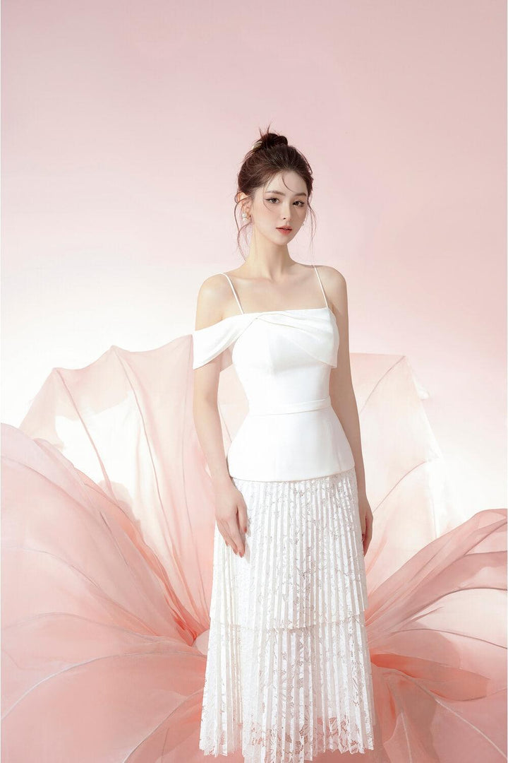 Alida Pleated Asymmetric Shoulder Lace Midi Dress - MEAN BLVD