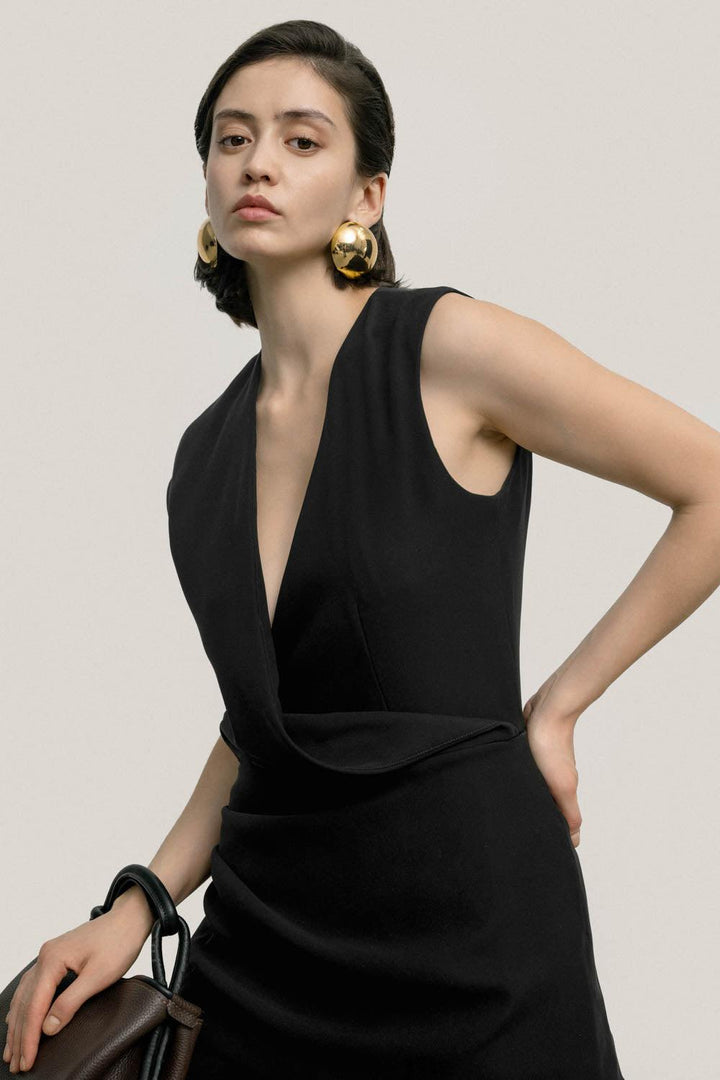 Alima Asymmetric V-Neck Crepe Midi Dress - MEAN BLVD