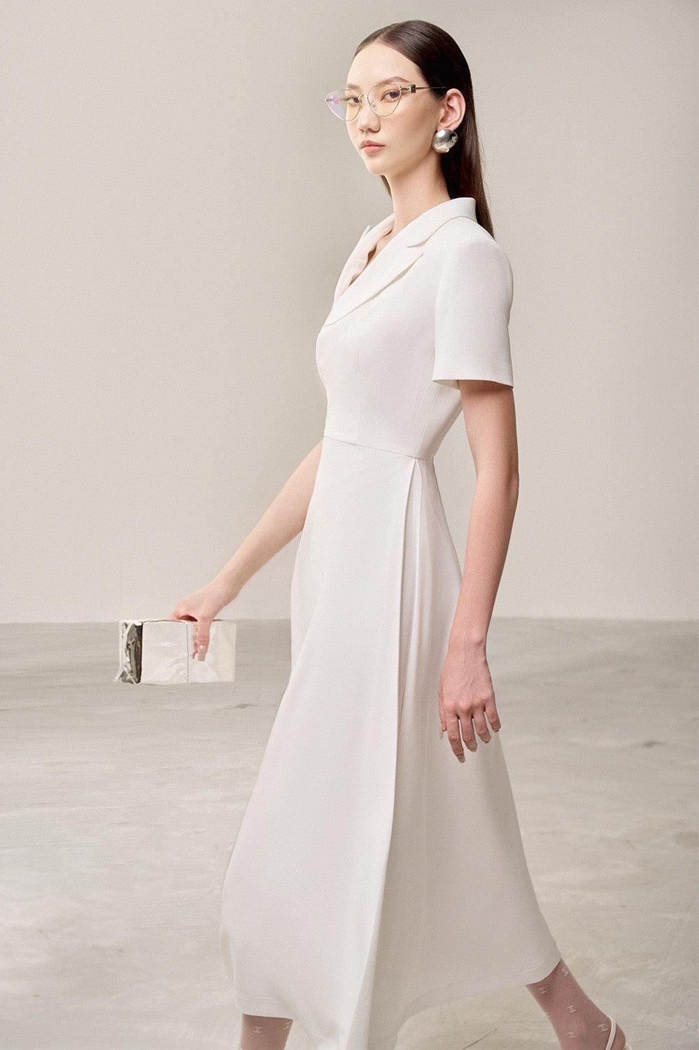 Women's Alin A-line Diagonal Neck Polyester Midi Dress S/M/L/Customize White MEAN BLVD White / S Women's Alin A-line Diagonal Neck Polyester Midi Dress S/M/L/Customize White MEAN BLVD White / S