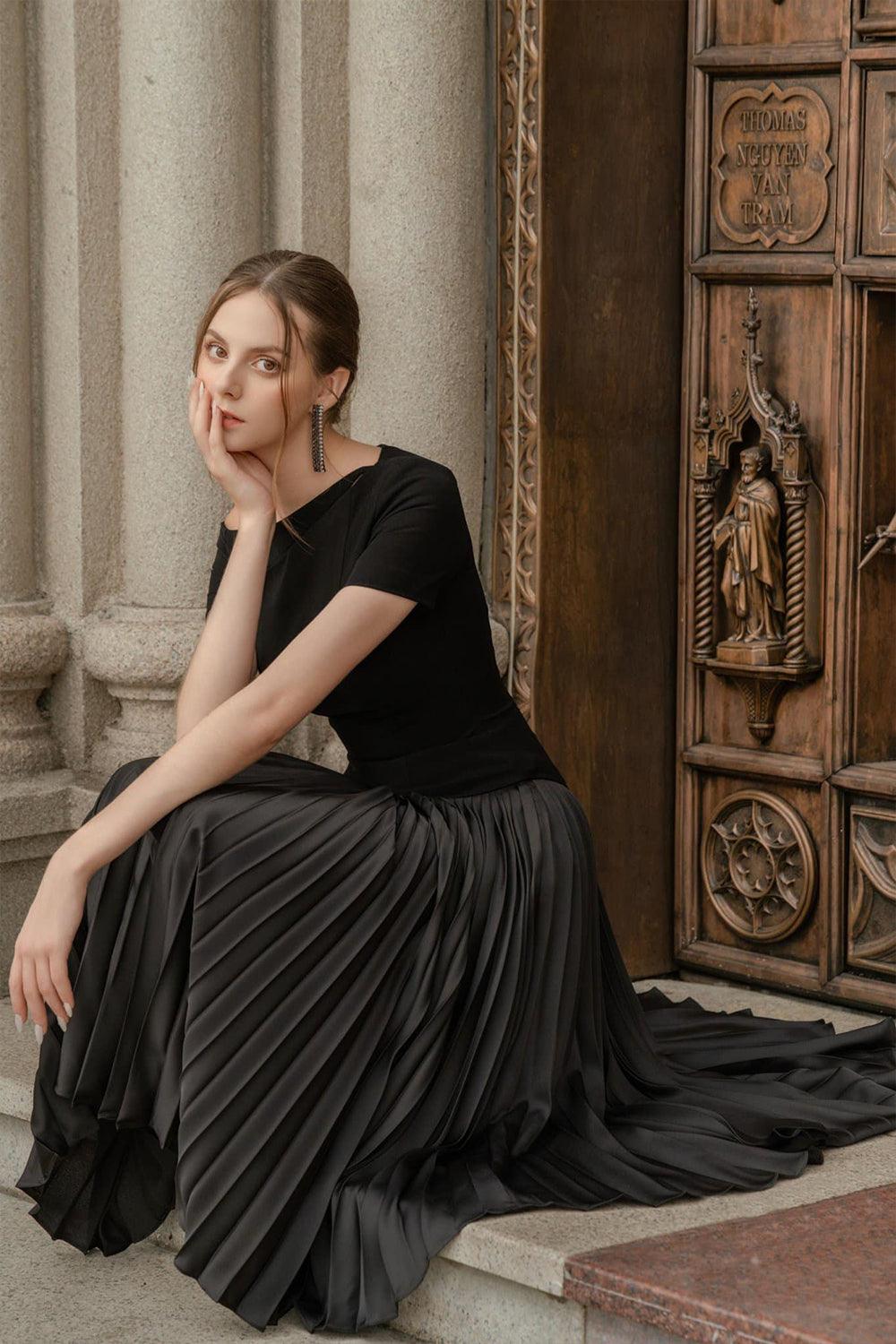 Alina Drop Waist Pleated Synthetic Velvet Midi Dress - MEAN BLVD