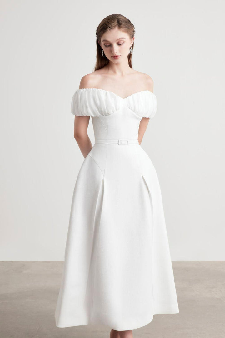 Alula A-line Off-Shoulder Tweed Midi Dress - MEAN BLVD