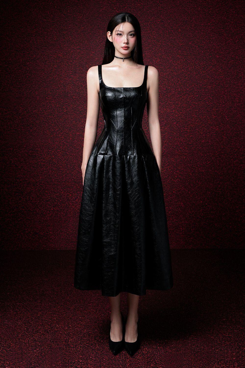 Alva Drop Waist Corset Waist Leather Midi Dress - MEAN BLVD