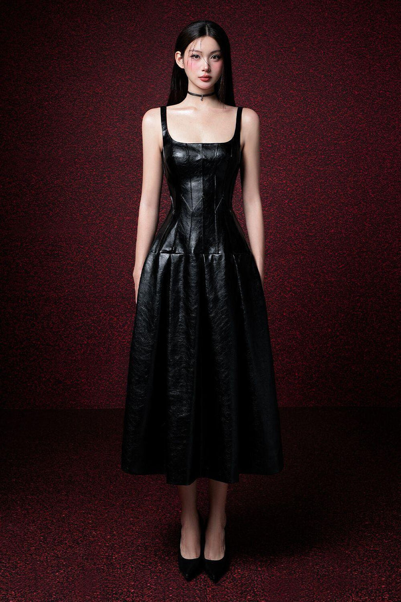 Women's Alva Drop Waist Corset Waist Leather Midi Dress XS/S/M/L Black