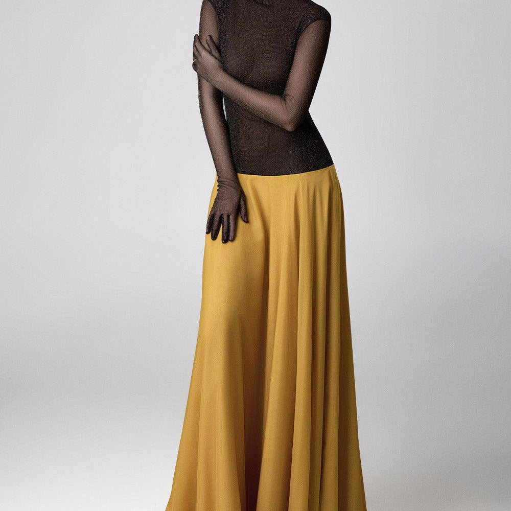 Amanda Drop Waist Mock Neck Chiffon Floor Length Dress - MEAN BLVD