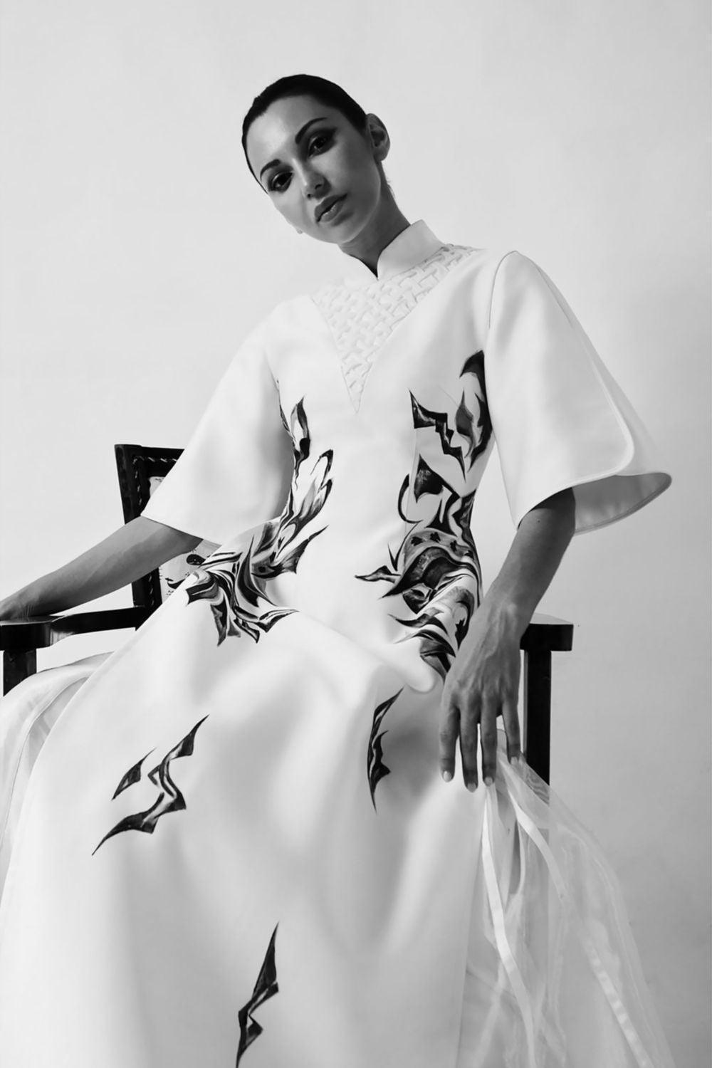 Amaryllis A-line Mandarin Neck Zibeline Calf Length Ao Dai - MEAN BLVD