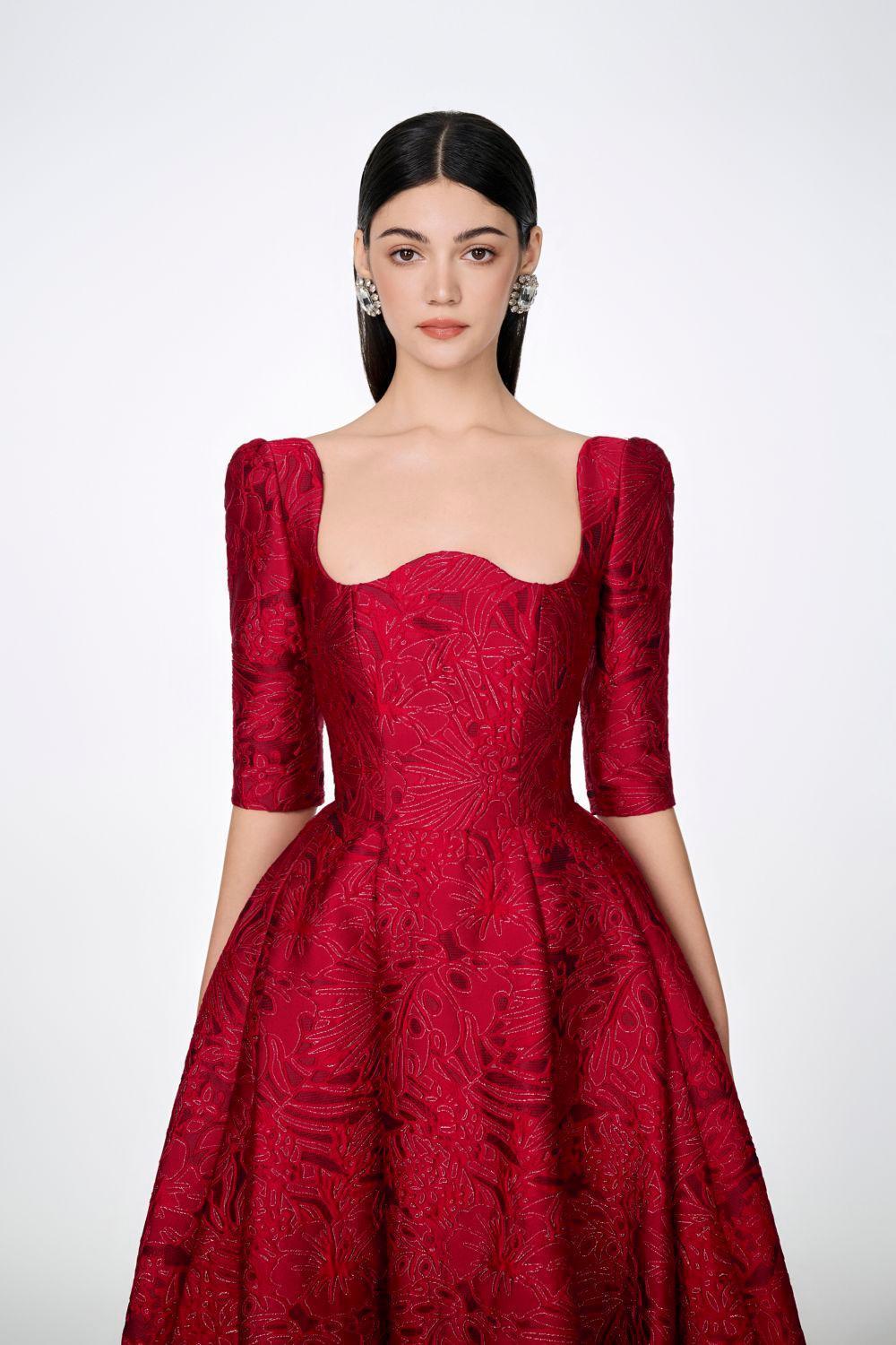 Amelia Ball Gown Curved Neck Brocade Maxi Dress - MEAN BLVD