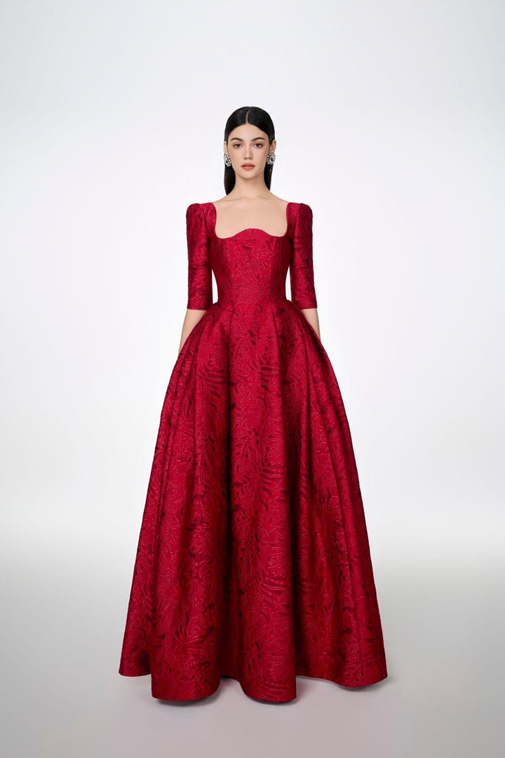Amelia Ball Gown Curved Neck Brocade Maxi Dress - MEAN BLVD