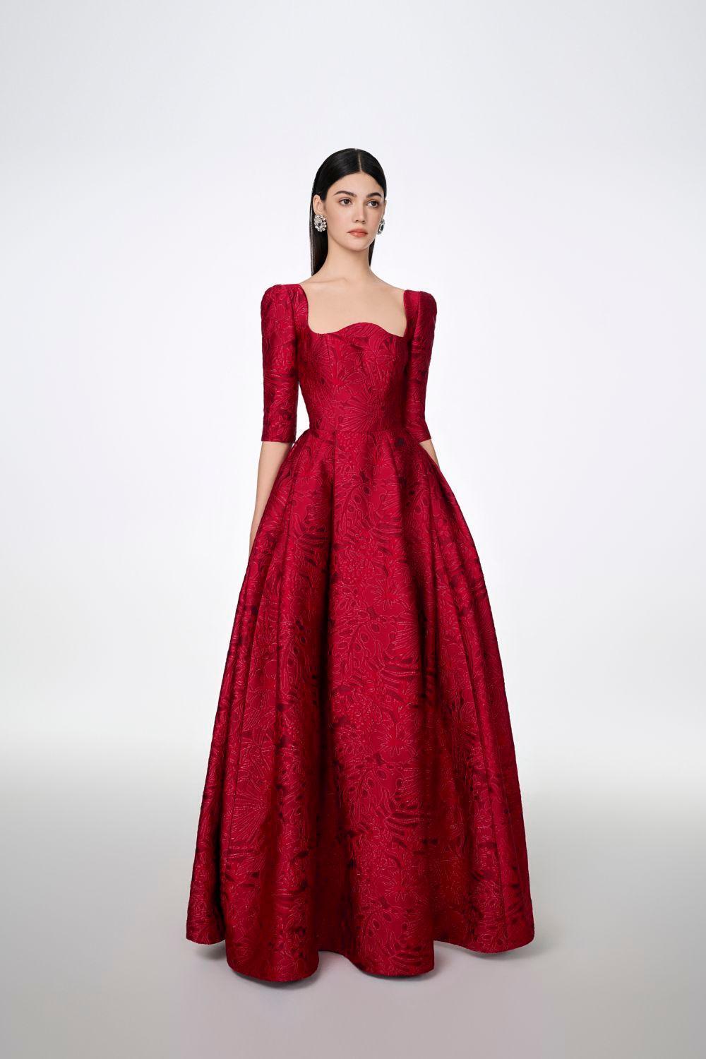 Amelia Ball Gown Curved Neck Brocade Maxi Dress - MEAN BLVD
