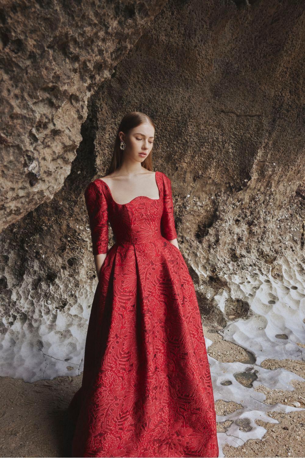 Women's Amelia Ball Gown Curved Neck Brocade Maxi Dress XS/S/M/L/XL/XXL//Red/MEAN Blvd XXL / Red