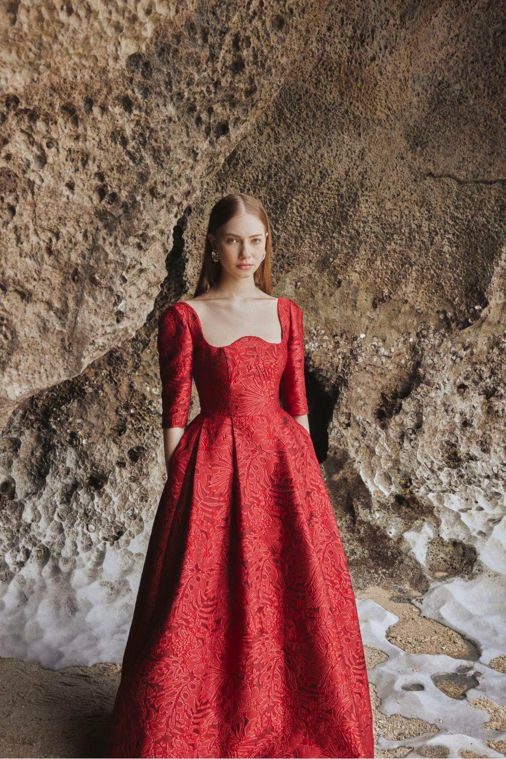 Amelia Ball Gown Curved Neck Brocade Maxi Dress - MEAN BLVD