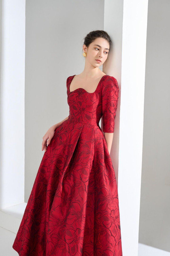 Amelia Ball Gown Curved Neck Brocade Maxi Dress - MEAN BLVD