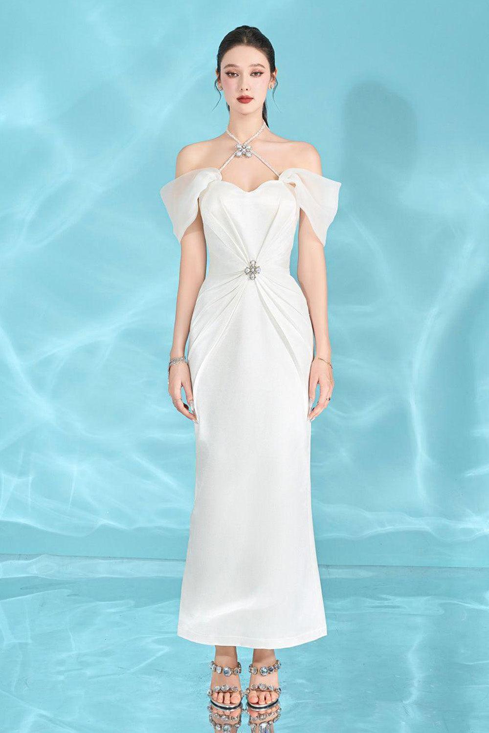 Amelia Sheath Halter Neck Silk Ankle Length Dress