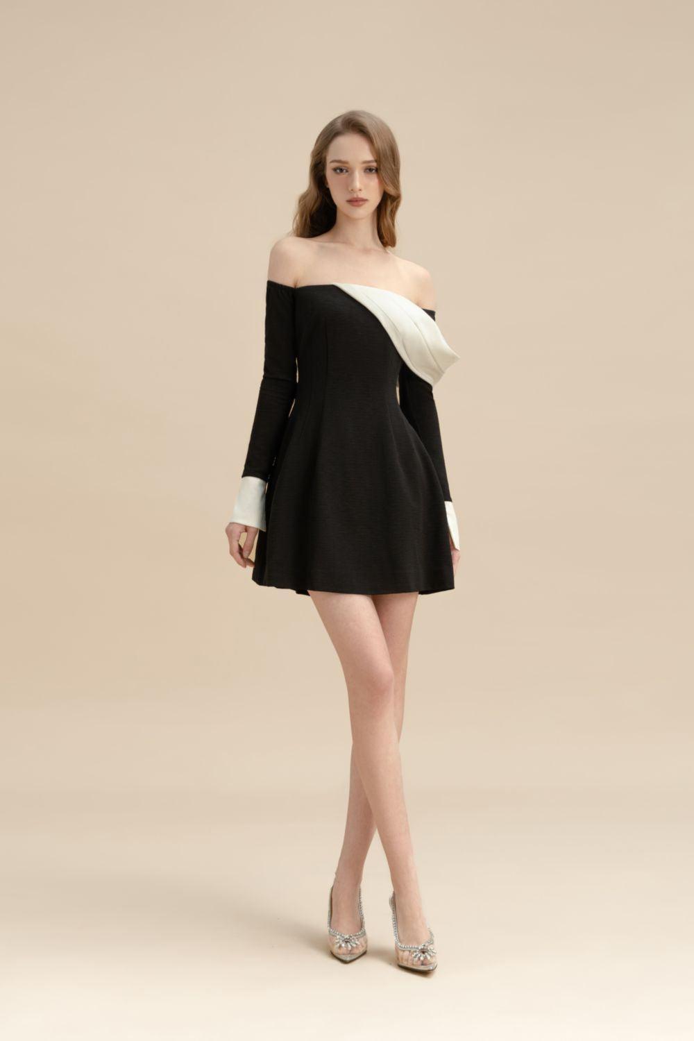 Women's Amethy A-line Off-Shoulder Jacquard Mini Dress XS/S/M/L/XL Black MEAN BLVD Women's Amethy A-line Off-Shoulder Jacquard Mini Dress XS/S/M/L/XL Black MEAN BLVD