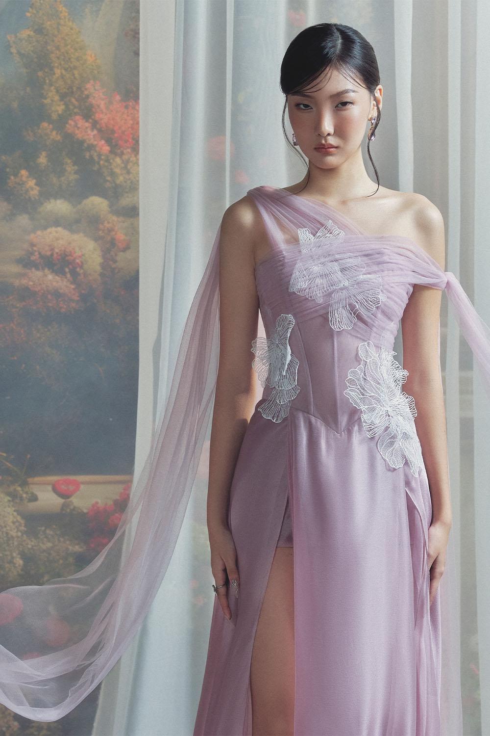 Amethyst Slit Extended Flap Chiffon Floor Length Dress