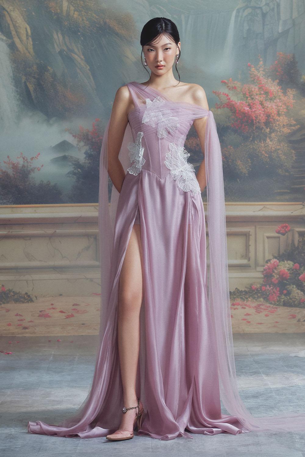Amethyst Slit Extended Flap Chiffon Floor Length Dress
