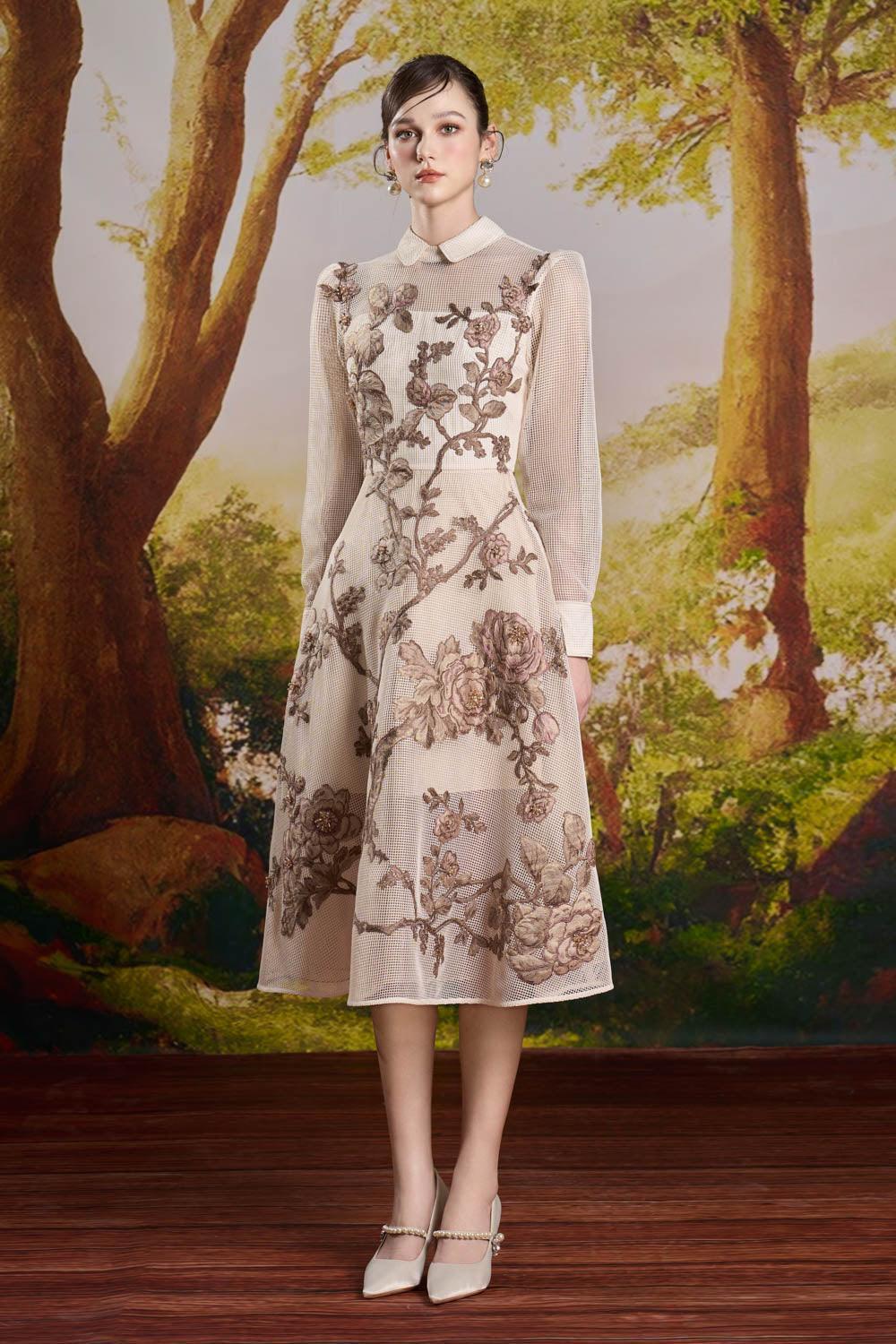 Amy A-line Cuff Sleeved Mesh Midi Dress - MEAN BLVD