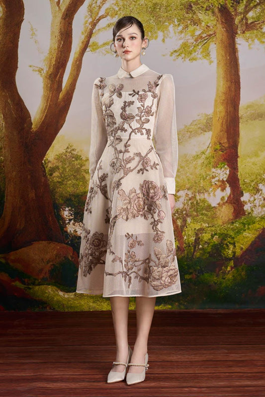 Amy A-line Cuff Sleeved Mesh Midi Dress - MEAN BLVD