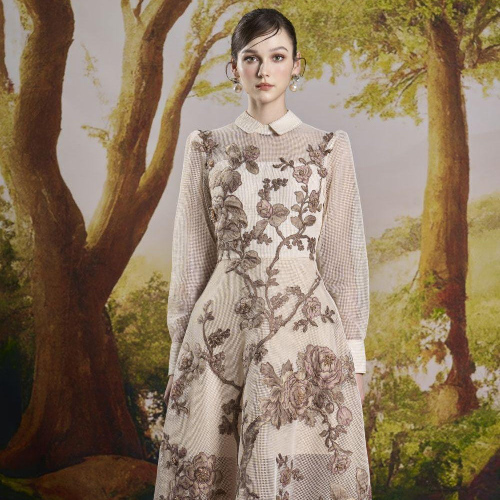 Amy A-line Cuff Sleeved Mesh Midi Dress - MEAN BLVD