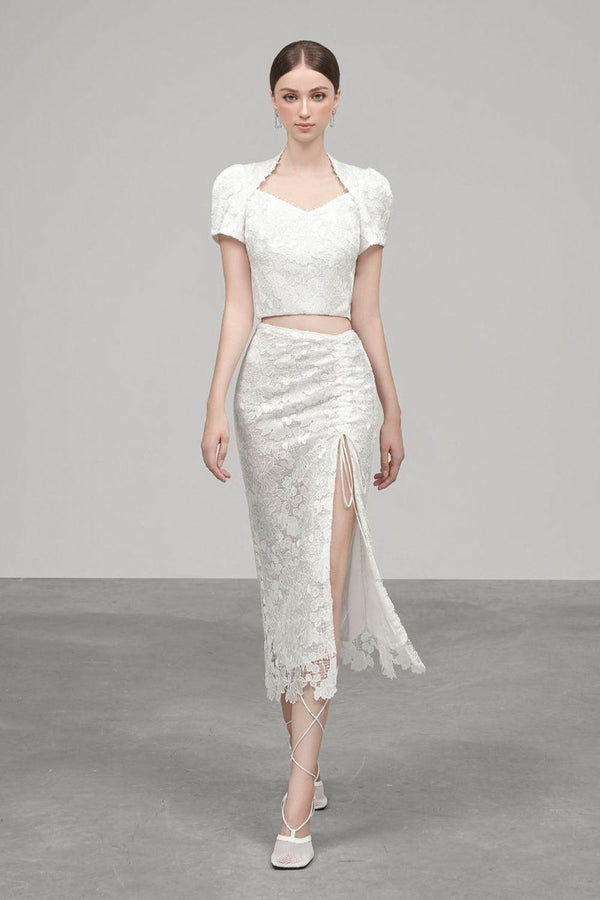 Amy Slit Gathered Embroidered Lace Midi Skirt - MEAN BLVD
