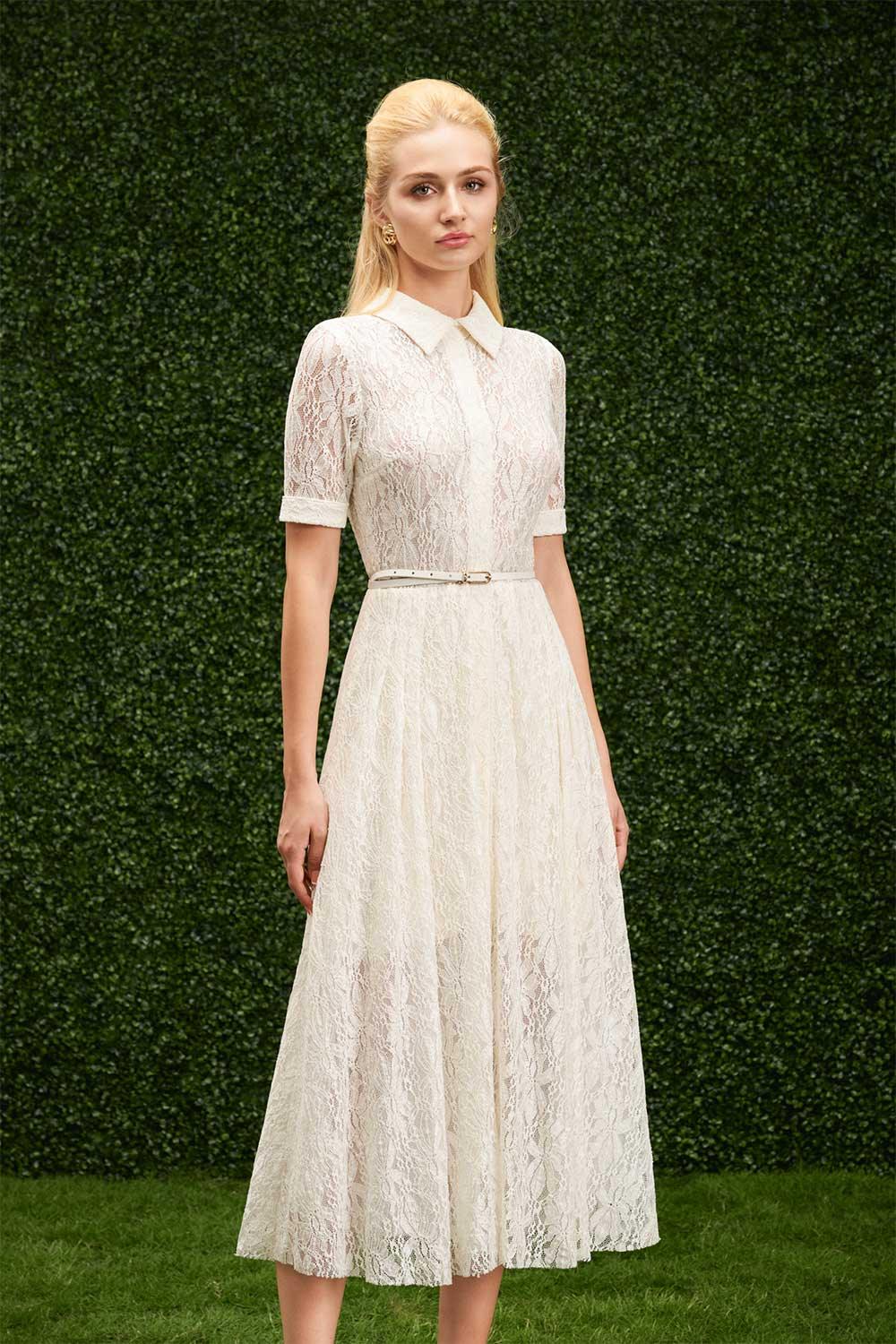 andrea midi dress Women's Andrea A-line Collared Neck Lace Midi Dress XS/S/M/L/Customize White MEAN BLVD White / M