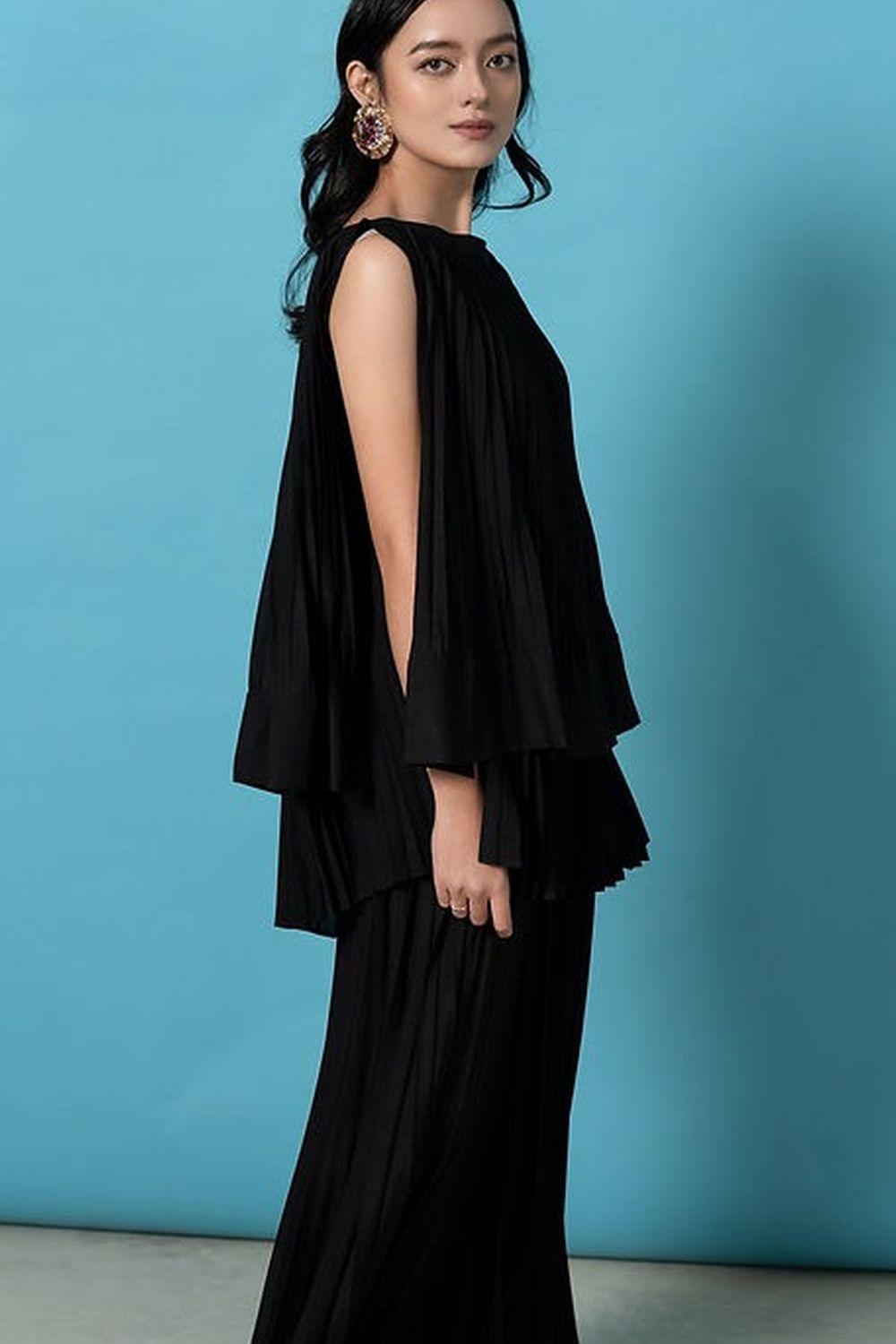 Andrea Pleated Flared Polyester Top - MEAN BLVD