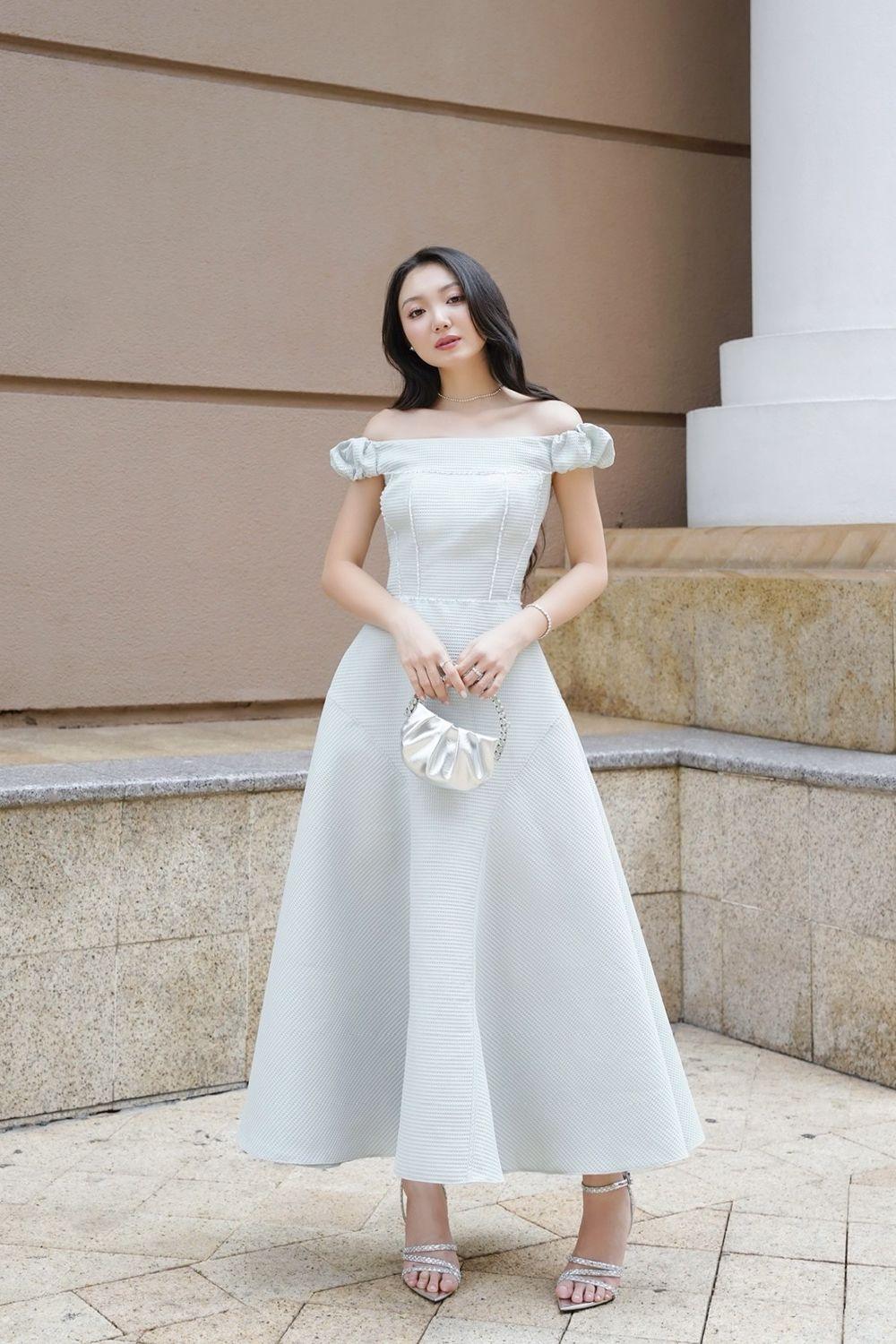 Angel Fit and Flare Off-Shoulder Foam Synthetic Midi Dress White / Customize