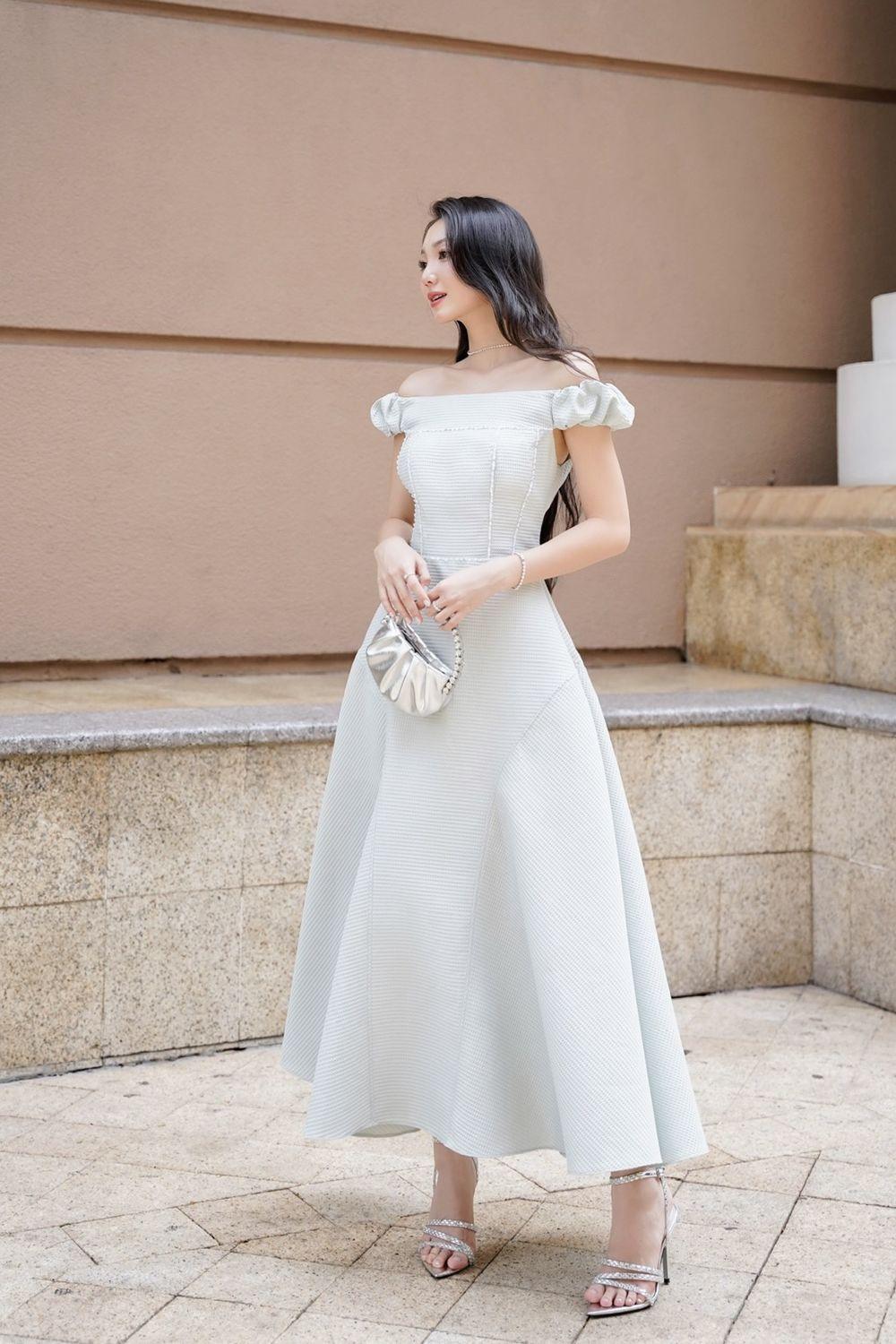 Angel Fit and Flare Off-Shoulder Foam Synthetic Midi Dress White / Customize
