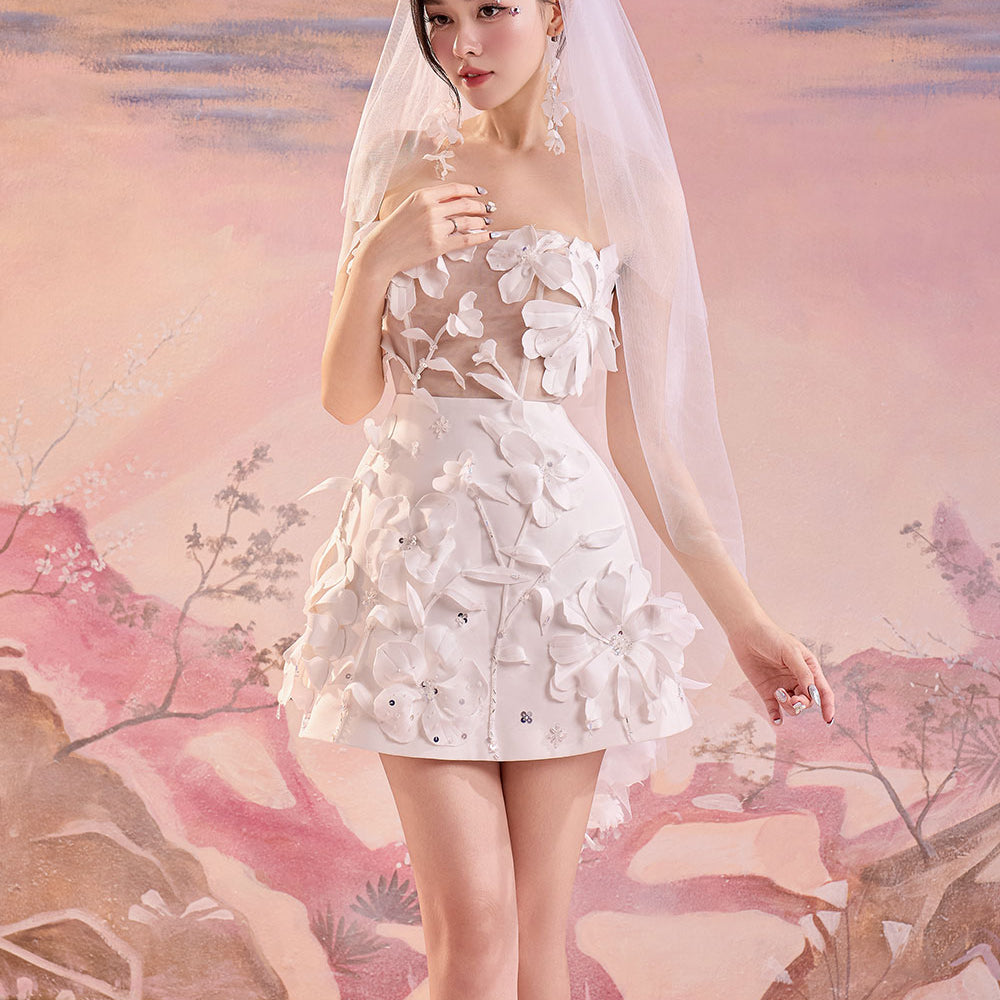 Levi A-line Straight Across Neck Mesh Taffeta Mini Dress