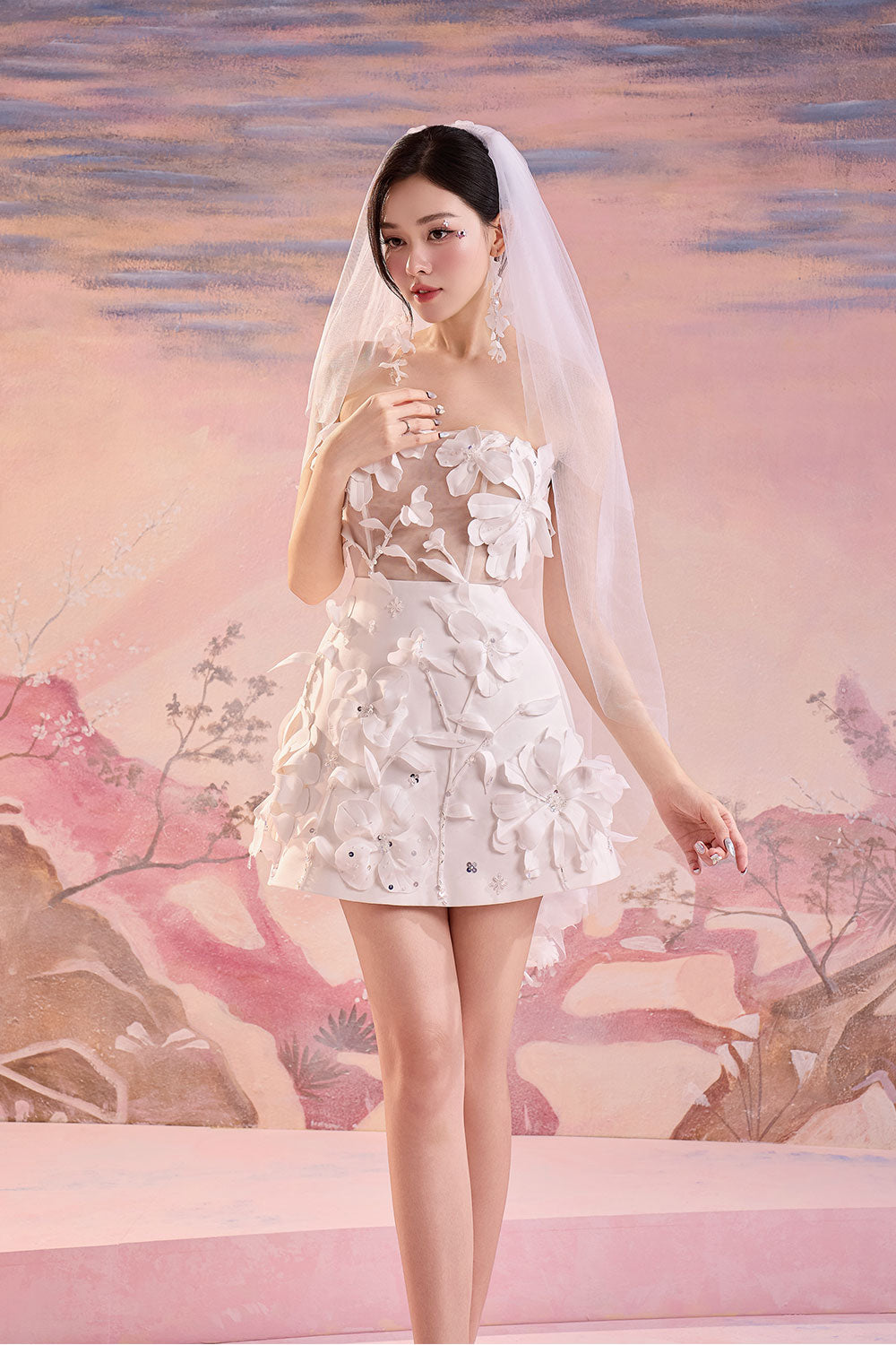 Levi A-line Straight Across Neck Mesh Taffeta Mini Dress