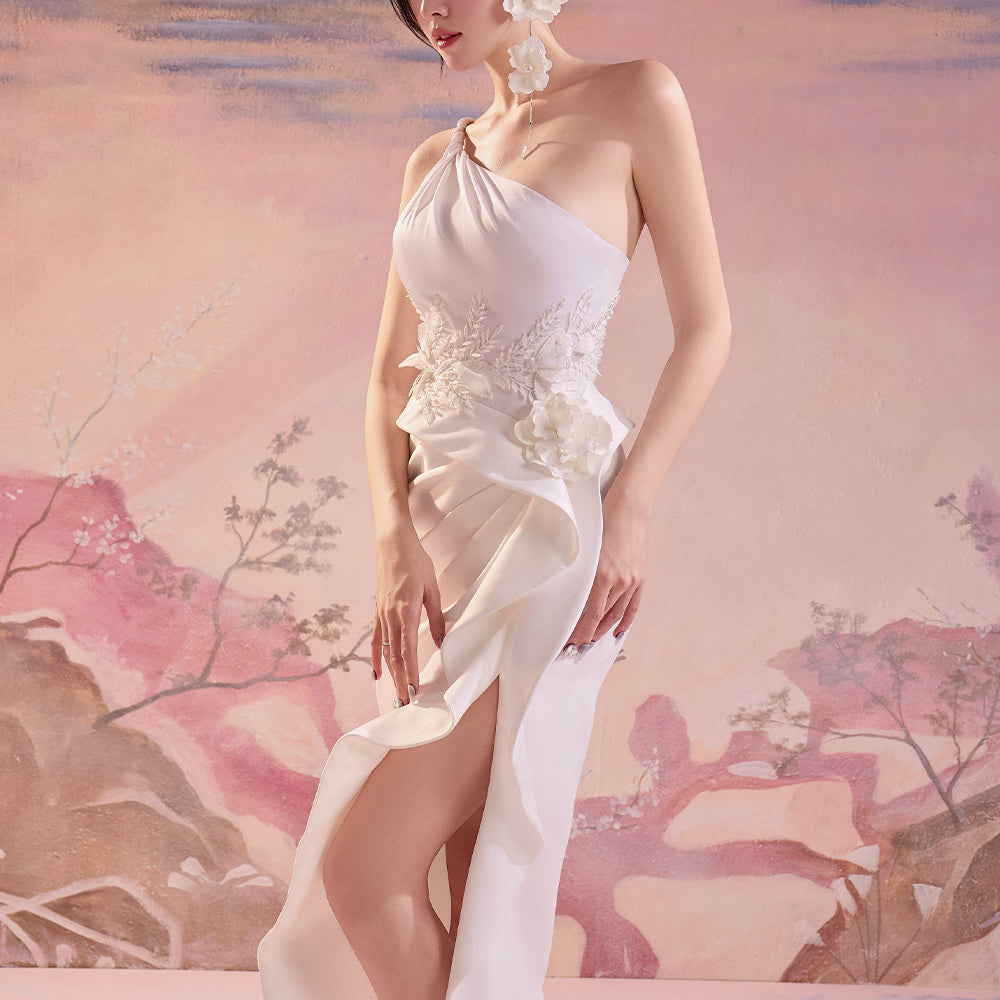 Calliope Slit One Shoulder Silk Midi Dress