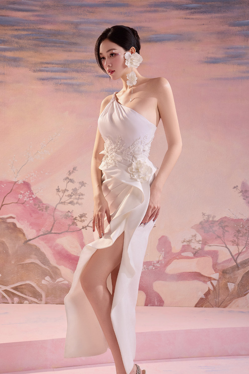 Calliope Slit One Shoulder Silk Midi Dress