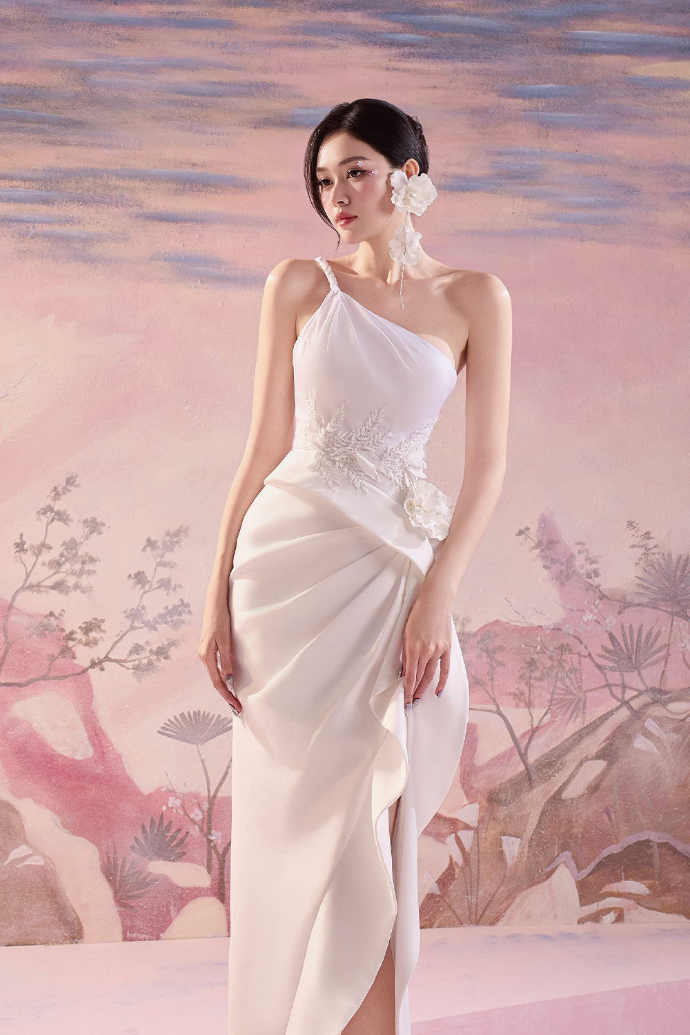 Calliope Slit One Shoulder Silk Midi Dress