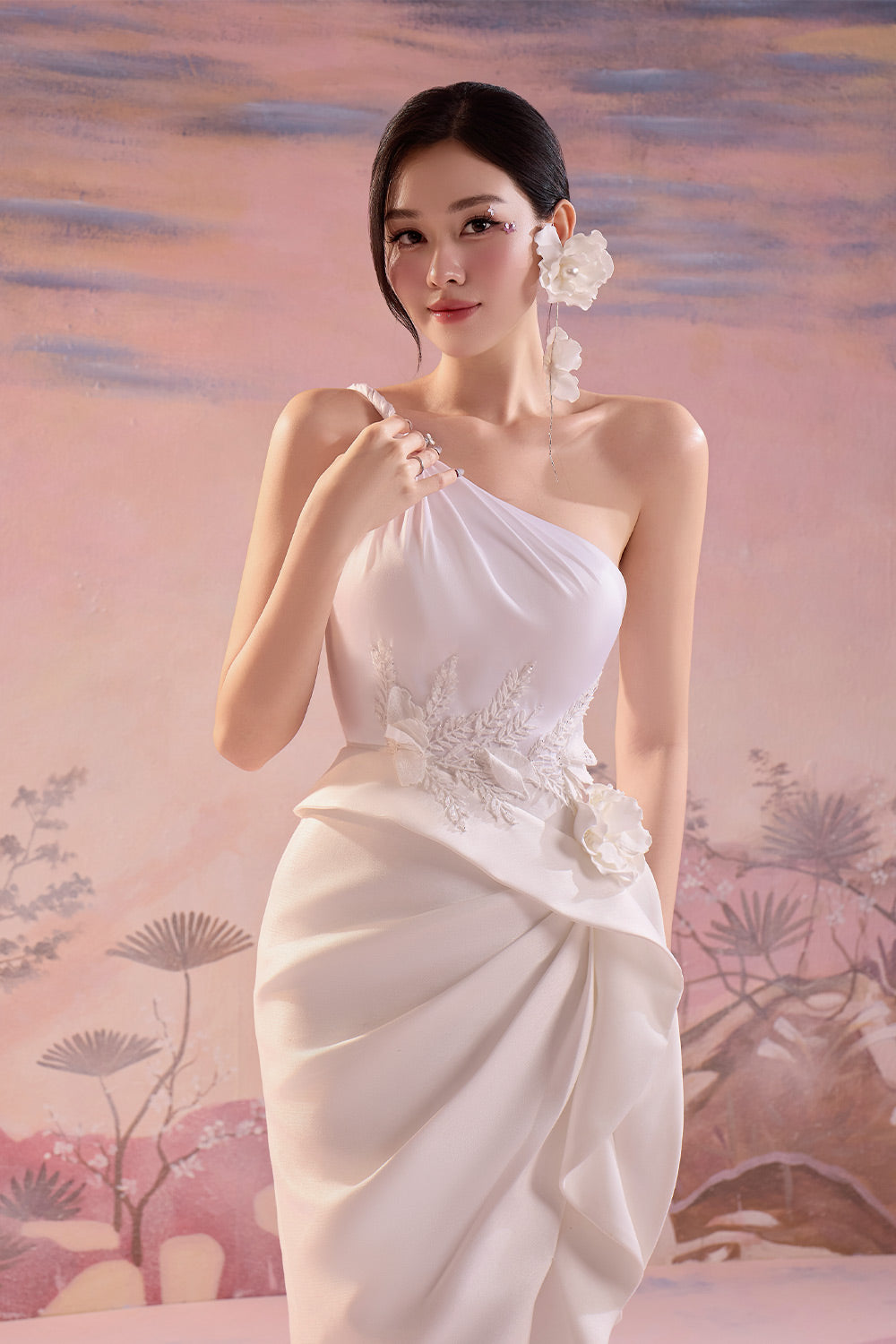 Calliope Slit One Shoulder Silk Midi Dress