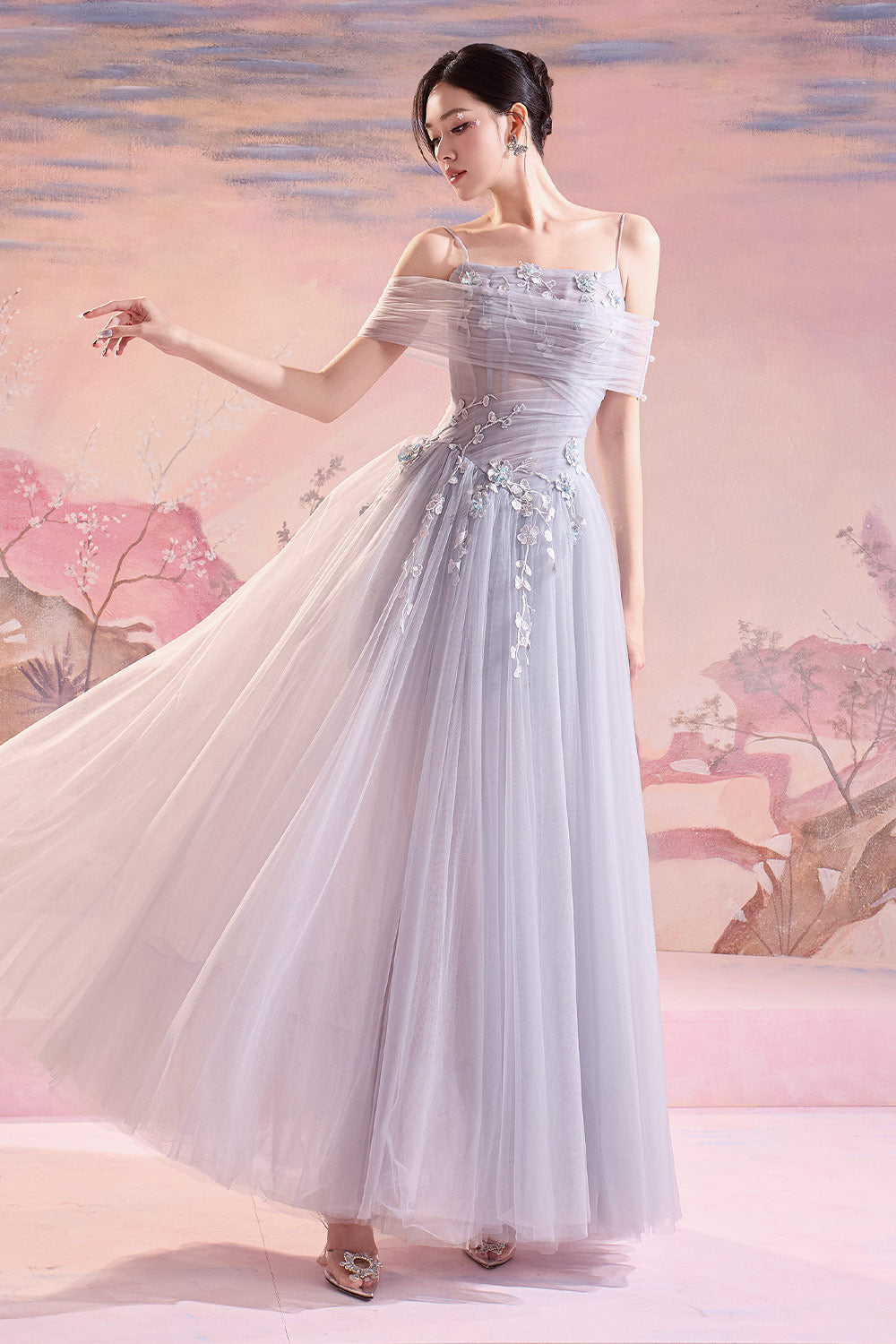 Daniel Fit and Flare Cold Shoulder Sleeved Mesh Silk Long Length Dress