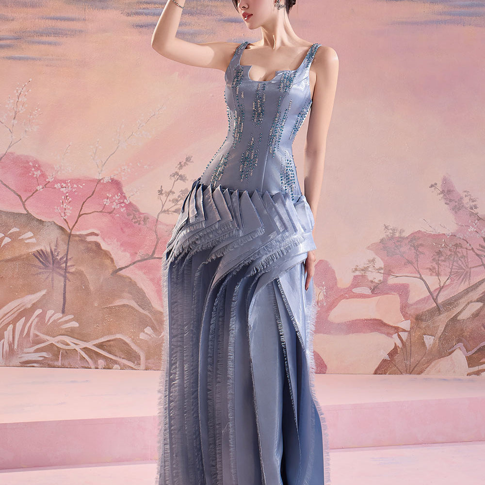 Ella Drop Waist Fringed Satin Floor Length Dress