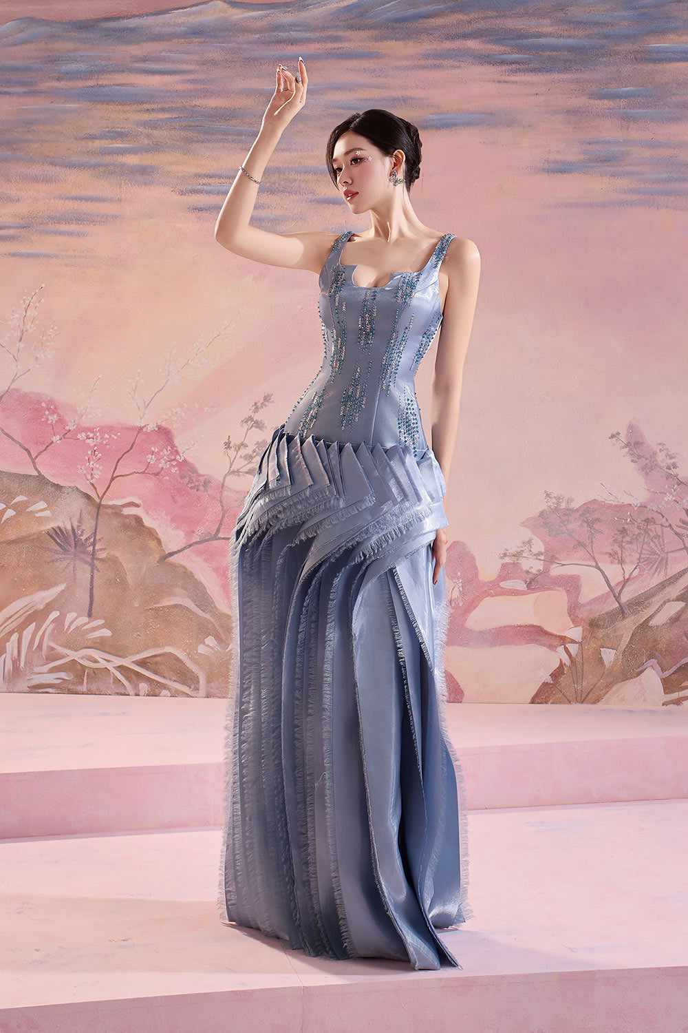 Ella Drop Waist Fringed Satin Floor Length Dress