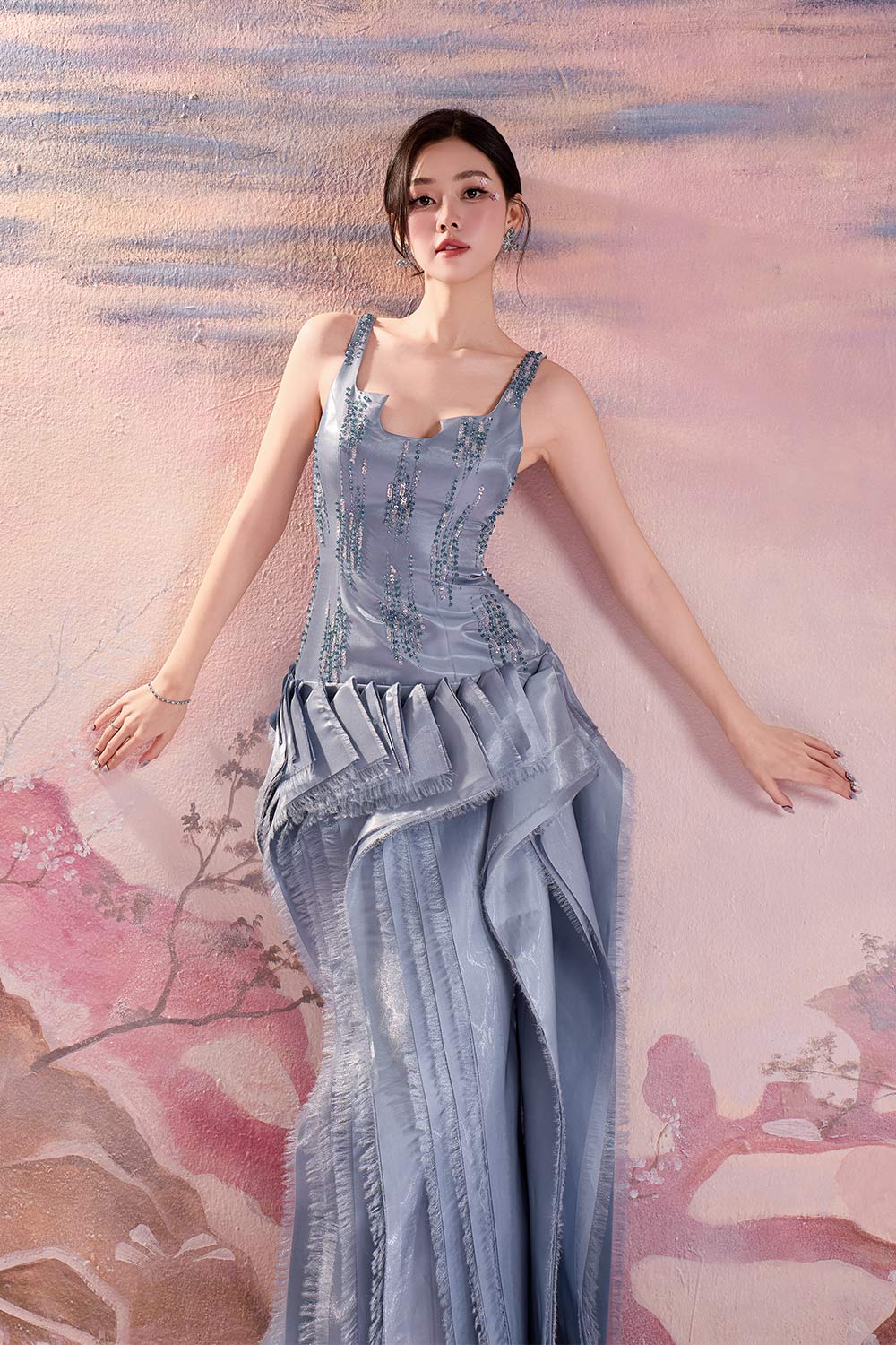 Ella Drop Waist Fringed Satin Floor Length Dress